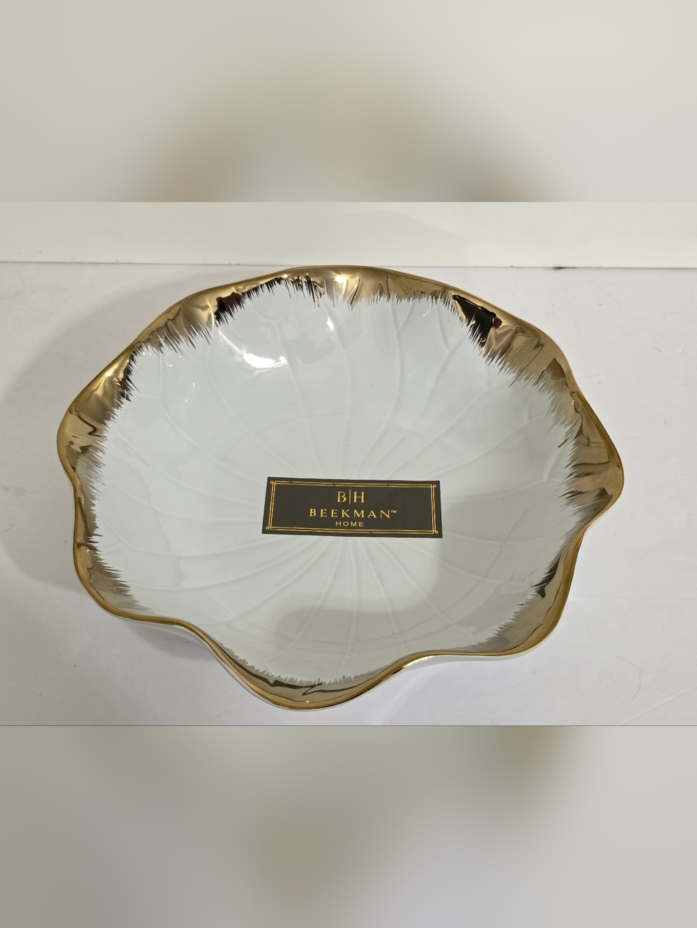 Beekman Home White Ceramic Bowl with Gold Rim